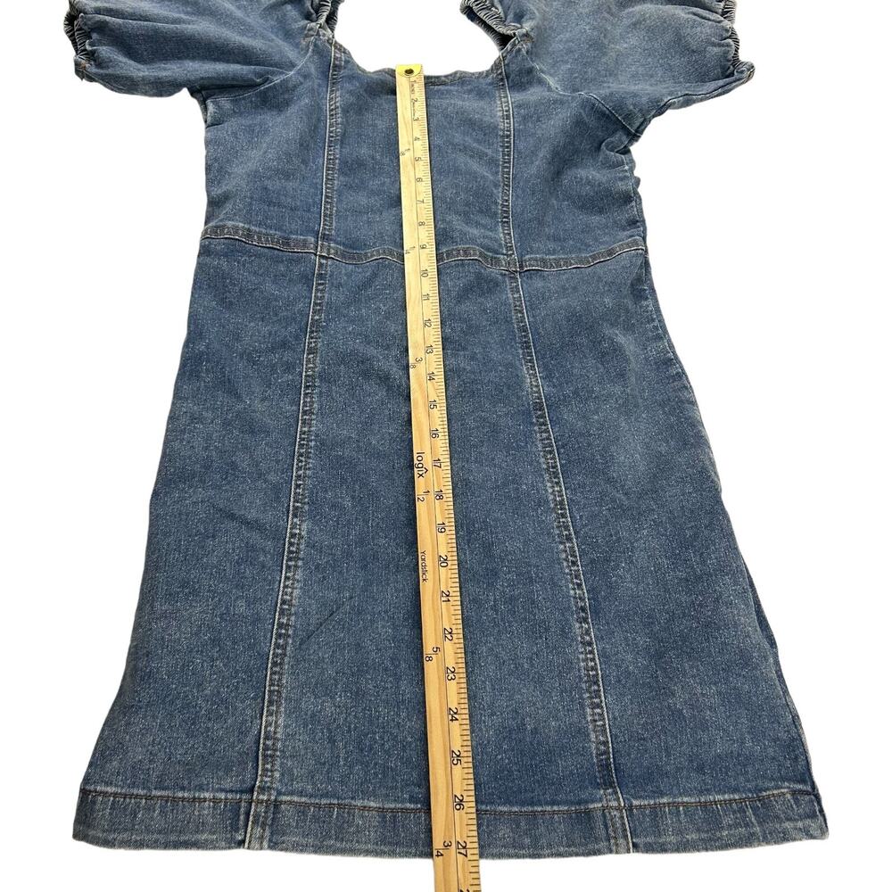 Madden Girl Sz M Jean Denim Mini Puff Sleeve Dress Sweetheart Neckline Zip Up - Picture 11 of 12